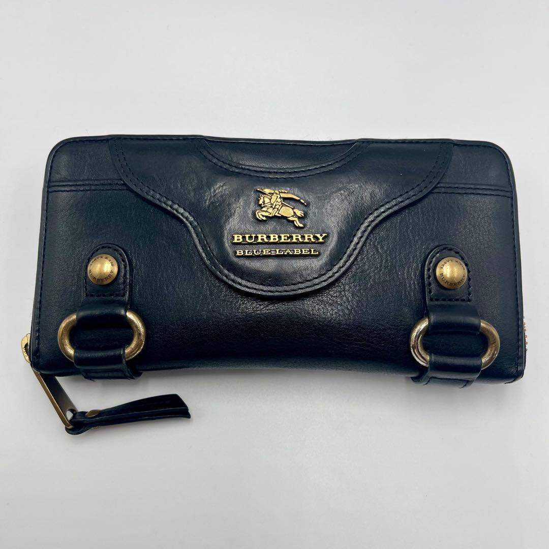 希少 バーバリーブルーレーベル 長財布 ラウンドジップ ブラック 金具ロゴ