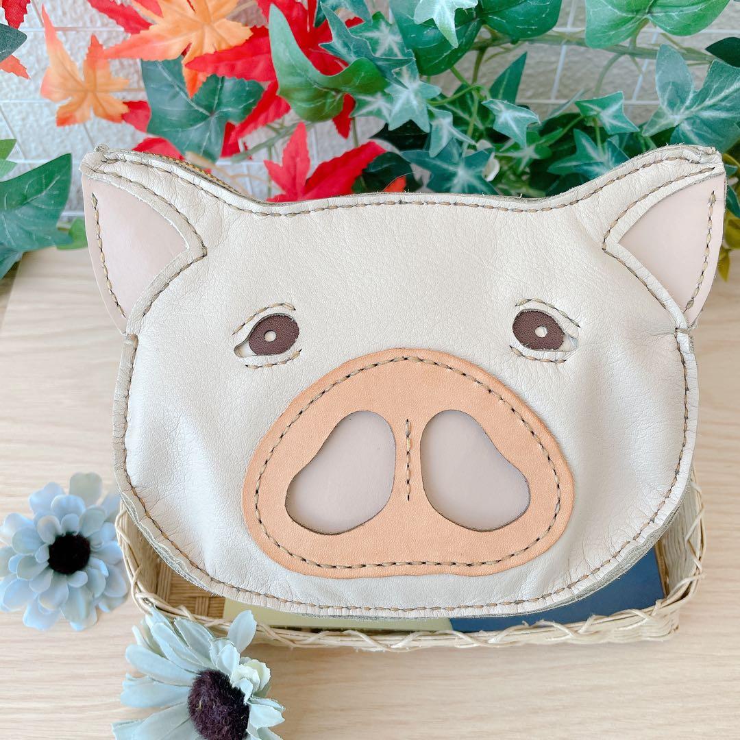 豚さんのポーチ 本革　手縫い　小物入れ